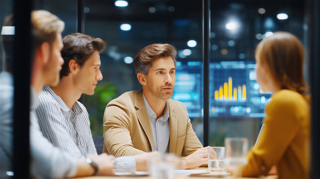 Group of diverse professionals discussing business strategy in modern office, with charts and teamwork atmosphere conveying collaboration, innovation and forward-thinking corporate culture.