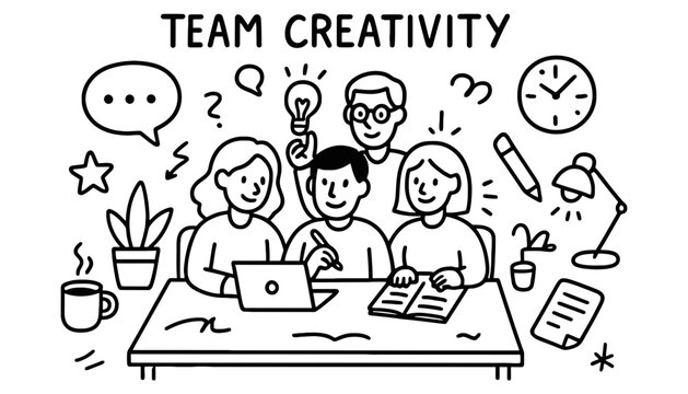 Team creativity and brainstorming session doodle style vector