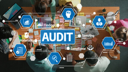 This image depicts a dynamic audit process involving team collaboration, compliance checks, and materiality assessments, showcasing an effective approach to improving business insights. Amity