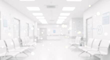 Fototapeta premium Bright white hospital corridor with seating available for copy space banner.