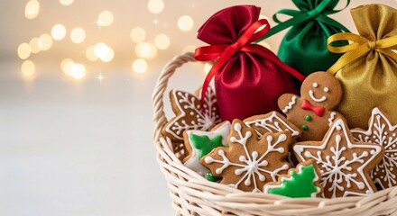 Christmas cookies and colorful gift bags in a wicker basket  