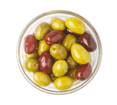 Mixed green and kalamata olives serving in glass bowl - Powered by Adobe