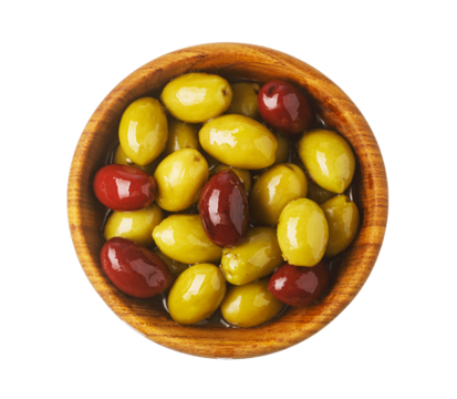 Olives in wooden bowl, healthy mediterranean appetizer, transparent background