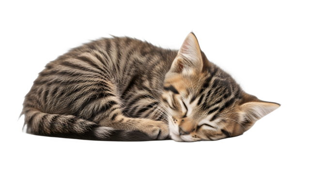 A small striped tabby kitten sleeping peacefully curled up.