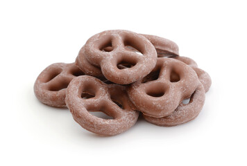 Chocolate covered pretzels isolated on white.