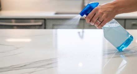 Hand spraying cleaner on kitchen countertop surface while cleaning  