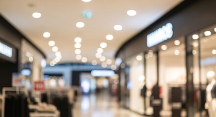 Blurred shopping mall interior with bright lights and store windows for retail.