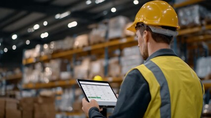 Over-the-shoulder perspective of a worker interacting with a tablet, inventory dashboard visible, warehouse shelves stretching into soft-focus background, ambient shadows - Powered by Adobe