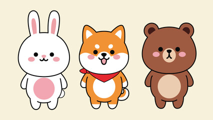 Cute cartoon animals standing side by side, featuring a rabbit, a Shiba Inu dog, and a bear with simple, friendly designs.