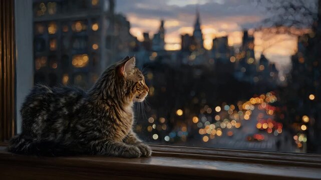 Peaceful urban sunset where a cat watches Manhattan traffic from a glowing window, wooden sill rich with amber tones, sky streaked with orange and rose light
