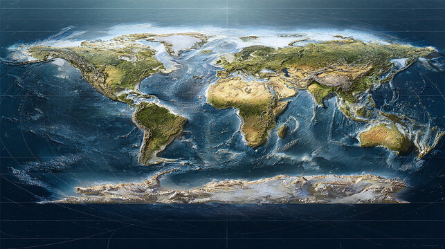 A stunning 3D rendered world map showcasing the earth's continents and oceans, inviting exploration and appreciation of global geography - Powered by Adobe