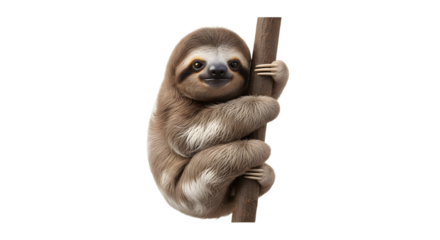 Adorable Baby Sloth Clinging to a Branch with a Gentle Smile.