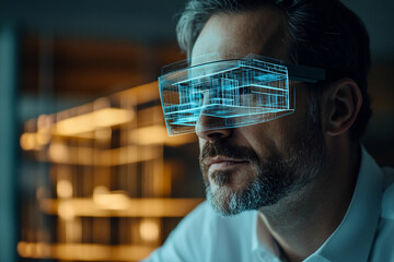 Focused person using high-tech vr headset in neon futuristic space, digital scanning interface, generative AI