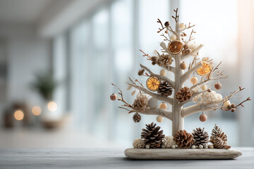 Elegant wooden Christmas tree with dried oranges and natural decorations