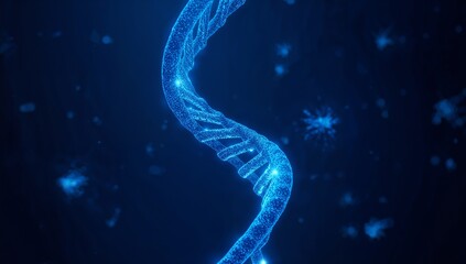 Glowing double helix structure, genetic code concept, dark blue background.