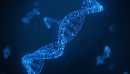 Glowing double helix structure, genetic code concept, dark blue background.