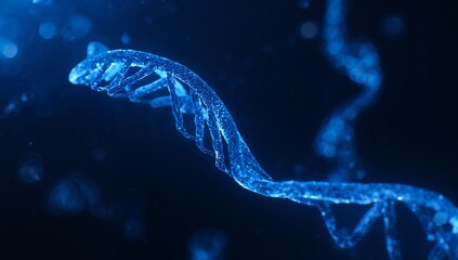Glowing double helix structure, genetic code concept, dark blue background.