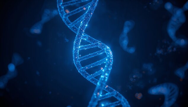 Glowing double helix structure, genetic code concept, dark blue background.