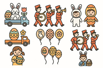 Fototapeta premium Vector illustrations of floats marching bands costumed children and balloons with Easter motifs icon style white background