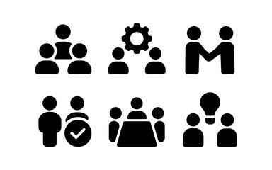 Teamwork and project management icons in solid black silhouette style