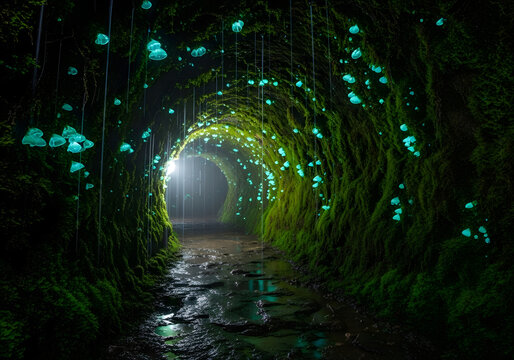 A stunning glowing cave tunnel with a path leading to the light, creating a magical atmosphere. The tunnel is adorned with vibrant bioluminescent creatures.