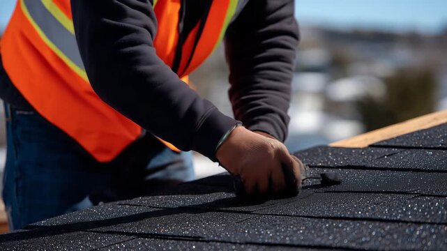 Professional roofer’s gloved hands smoothing asphalt shingles with precision, close-up texture detail, bright orange vest edges and tiny nails catching glints of sunlight