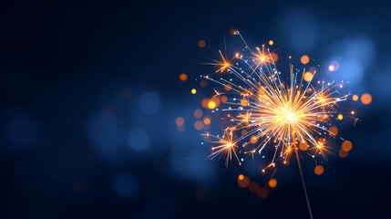 Obraz premium Sparkler firework igniting with bright golden sparks on dark blue blurred background, perfect for holiday banners, New Year cards, celebration posters, and festive digital designs