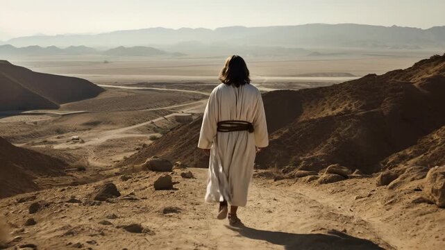 Jesus Christ prays while walking through the desert preaching. A lone man walks through the Judean desert. Christian video background.