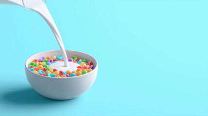 Colorful breakfast cereal rings with milk splash in white bowl on blue background, vibrant composition for packaging, ads, or breakfast-themed designs