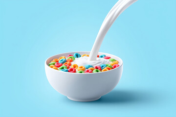 Colorful breakfast cereal rings with milk splash in white bowl on blue background, vibrant composition for packaging, ads, or breakfast-themed designs