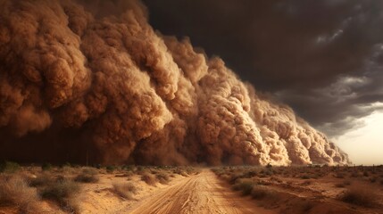 Massive haboob approaching over a desert road, dramatic dust storm engulfing the arid landscape under dark sky