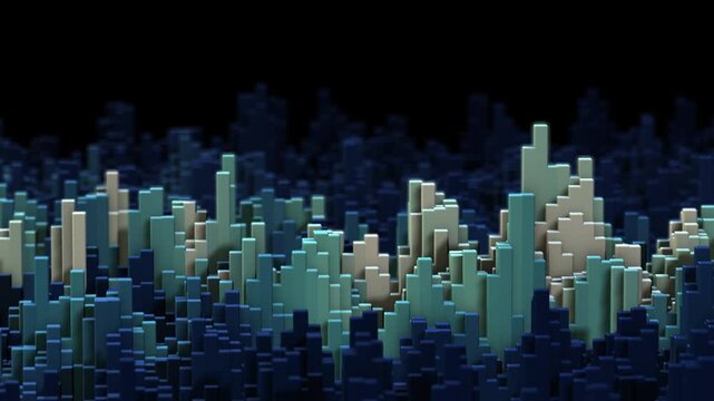 futuristic 3D landscape of rising data blocks forming an AI-driven digital skyline, symbolizing big-data processing, analytics growth, and intelligent algorithmic computation.