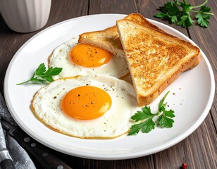 Sunny Side Up Eggs with Toast and Parsley on White Plate