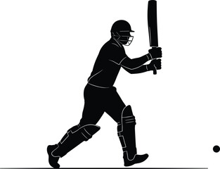 Silhouette of cricket batsman hitting ball on field, professional sports action, competitive match energy, athletic player movement, outdoor game performance, dynamic swing