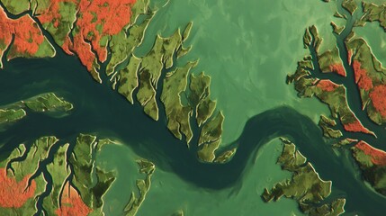 Aerial view showing intricate river delta forming diverse wetlands and estuarine landscapes from above