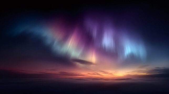 Aurora borealis creating a vivid light show over a vast landscape with a glowing sunset and starry night sky