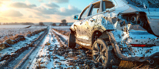 Fototapeta premium Damaged car on muddy snowy road, rural sunset