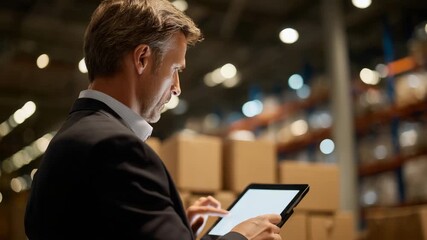 Side-angle view of person consulting a tablet, warehouse shelves receding into the background, ambient industrial light casting shadows on stacked boxes - Powered by Adobe