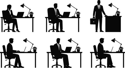 Office Worker Silhouette Set, Business People in Suits Working at Desks with Laptops and Desk Lamps, Isolated Vector Graphic