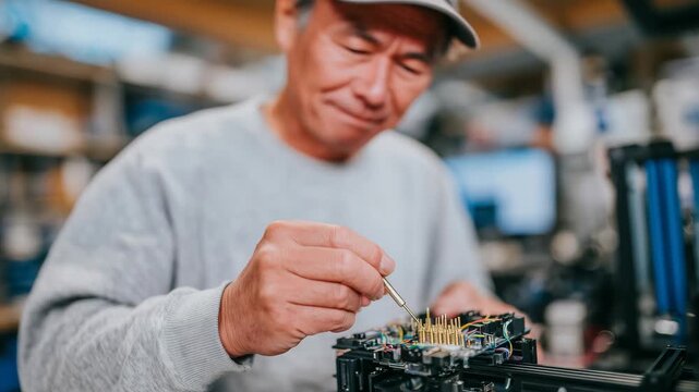 Technician working on a disassembled 3D printer hotend, small precision screwdriver in hand, fine details of brass nozzle, heater cartridge, and wiring captured in sharp focus