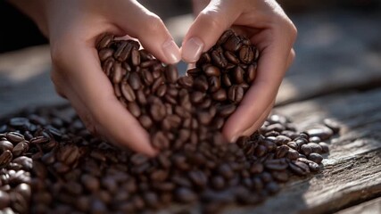 Tender hands forming a heart of roasted beans on a rustic coffeehouse table, warm sunlight and earthy atmosphere highlighting love for coffee