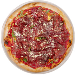 Pizza carpaccio with arugula parmesan cheese. Carpaccio on pizza