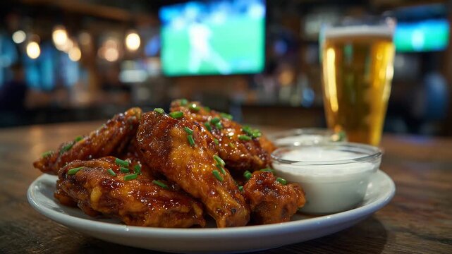 Top-down view of a plate of chicken wings with dipping sauces, tall glass of beer nearby, TV showing sports highlights softly blurred, warm cinematic lighting emphasizing comfort