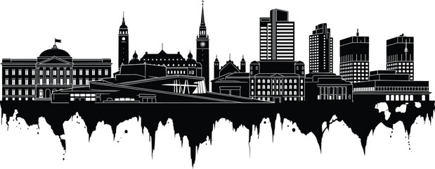 Obraz premium Modern city skyline silhouette illustration, urban architecture skyline artwork, contemporary cityscape design, business buildings horizon graphic for branding projects