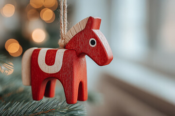 Red and white wooden horse ornament hanging on Christmas tree branch