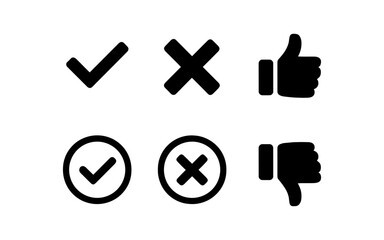 Obraz premium Minimalist icons: checkmarks, crosses, and thumbs up in solid style