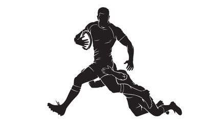 Rugby player running with the ball tackled by opponent vector silhouette illustration on white background for sports design
