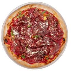 Pizza carpaccio with arugula parmesan cheese. Carpaccio on pizza