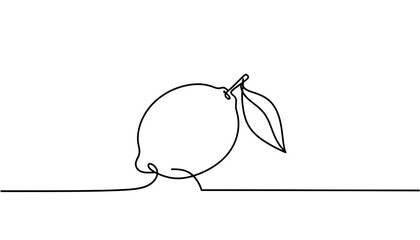 Simple white outline of a lemon with two leaves isolated on transparent background