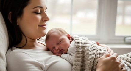 Mother Woman Holding Sleeping Baby Near Window in Cozy Indoor Setting